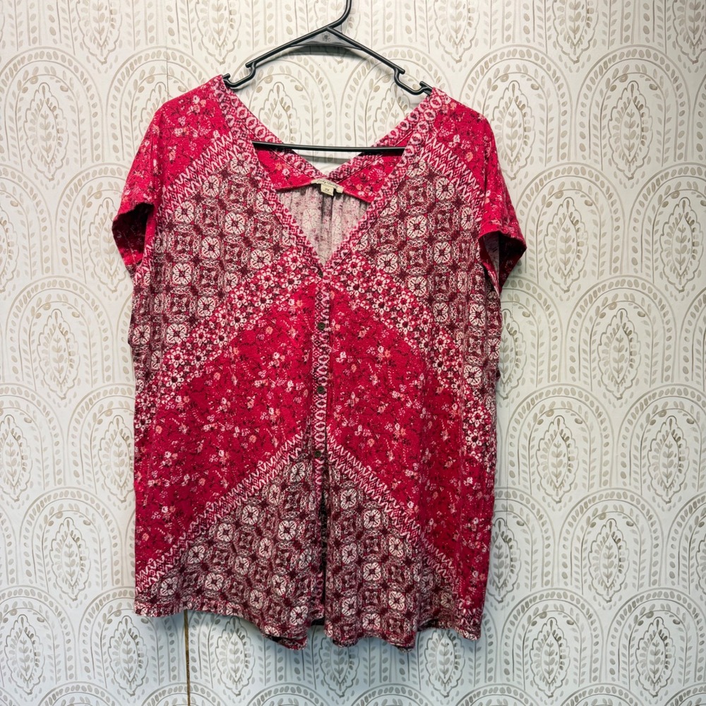 Lucky Brand Button Front Top Womens 2X Red Patchwork Boho Linen Blend V-Neck